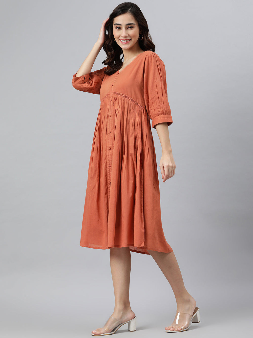 Janasya Women's Coral Orange Cotton Solid Flared Western Dress - Distacart