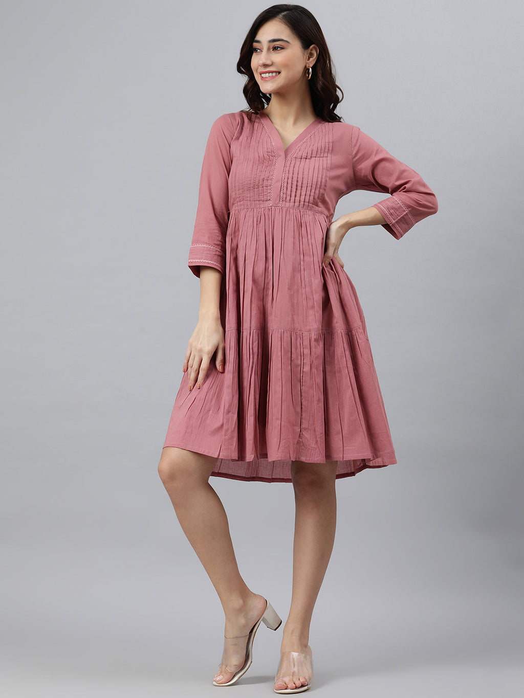 Janasya Women's Coral Pink Cotton Solid Flared Western Dress - Distacart