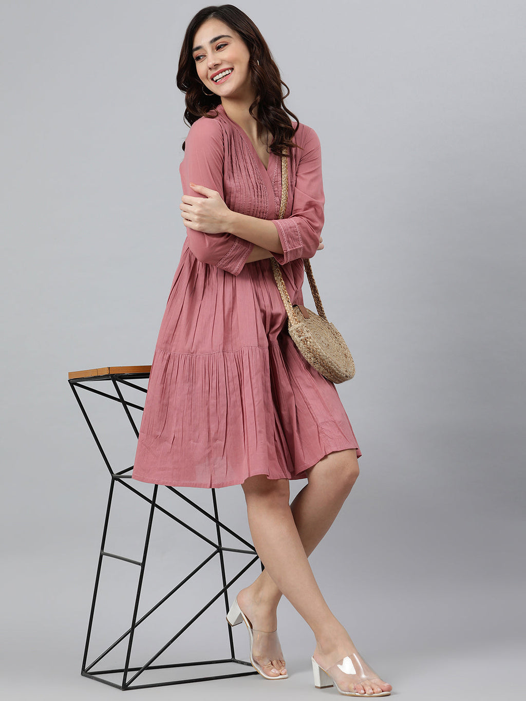 Janasya Women's Coral Pink Cotton Solid Flared Western Dress - Distacart
