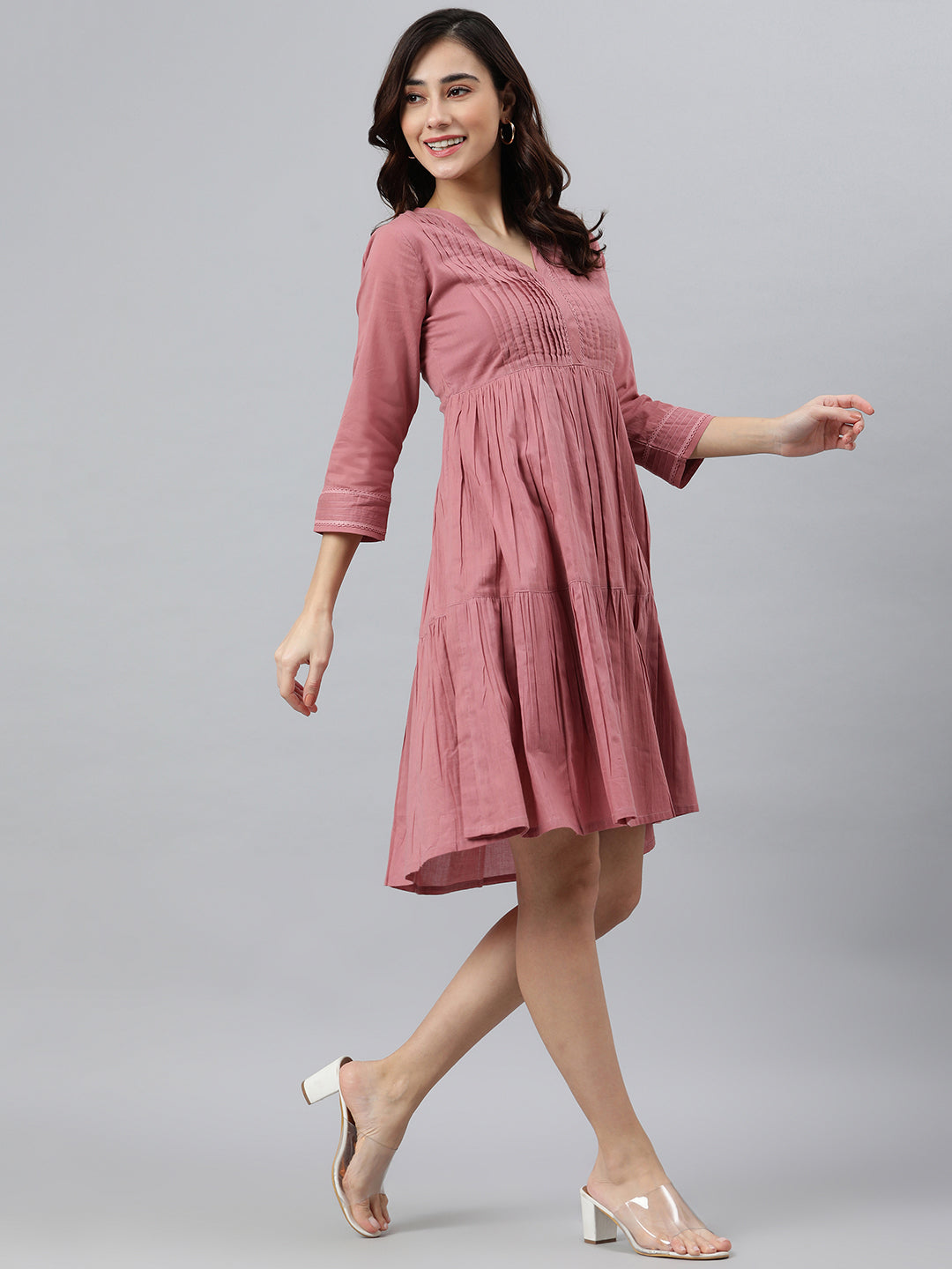 Janasya Women's Coral Pink Cotton Solid Flared Western Dress - Distacart