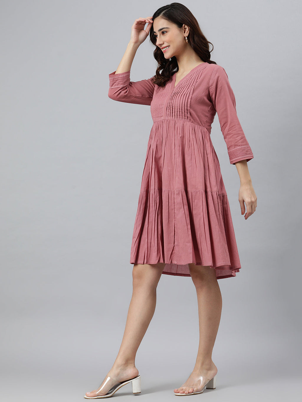 Janasya Women's Coral Pink Cotton Solid Flared Western Dress - Distacart