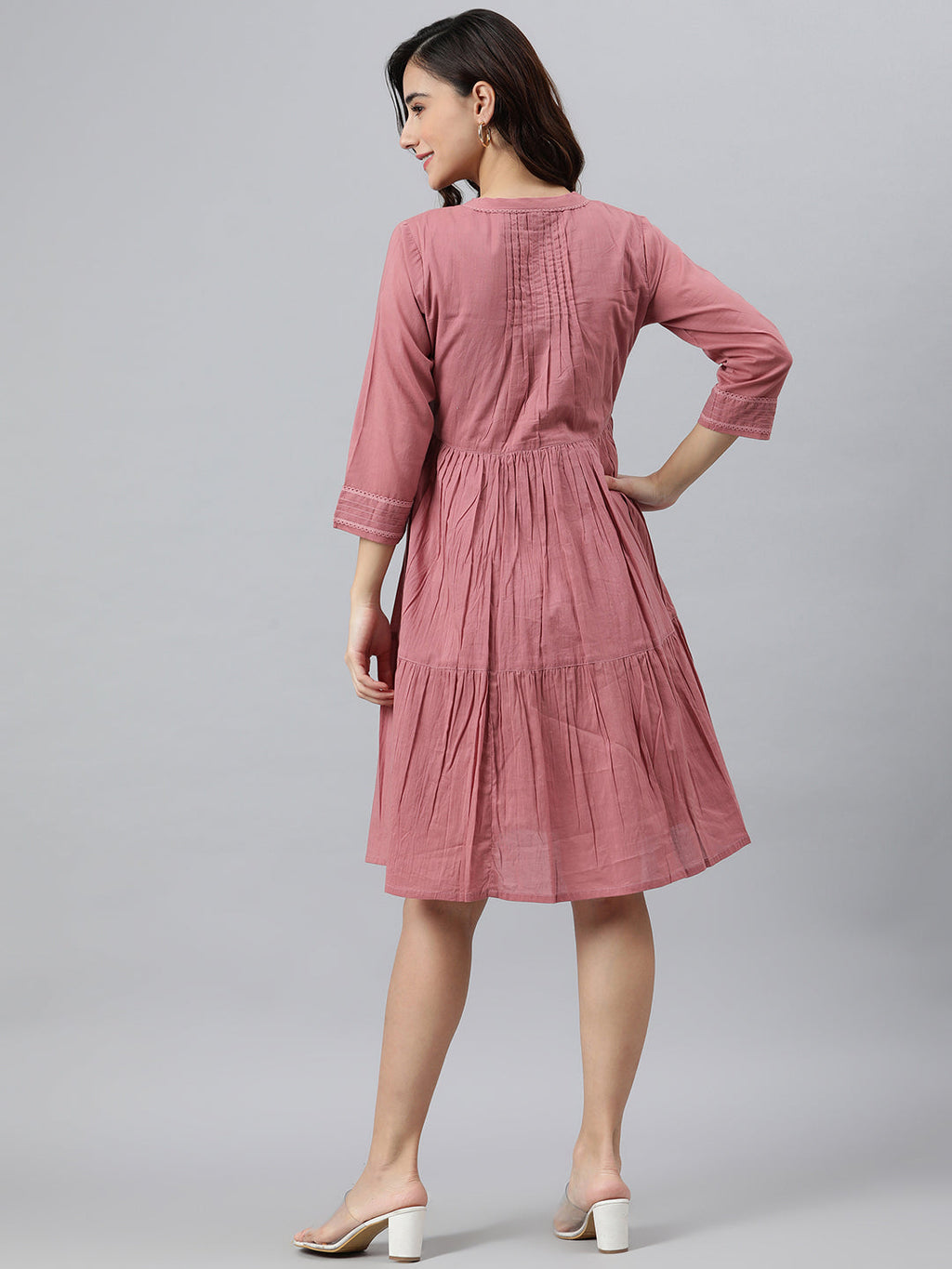 Janasya Women's Coral Pink Cotton Solid Flared Western Dress - Distacart