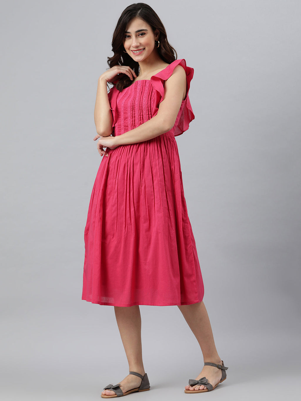 Janasya Women's Pink Cotton Solid Flared Western Dress - Distacart
