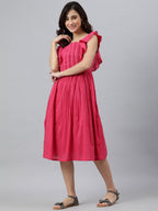 Janasya Women's Pink Cotton Solid Flared Western Dress - Distacart