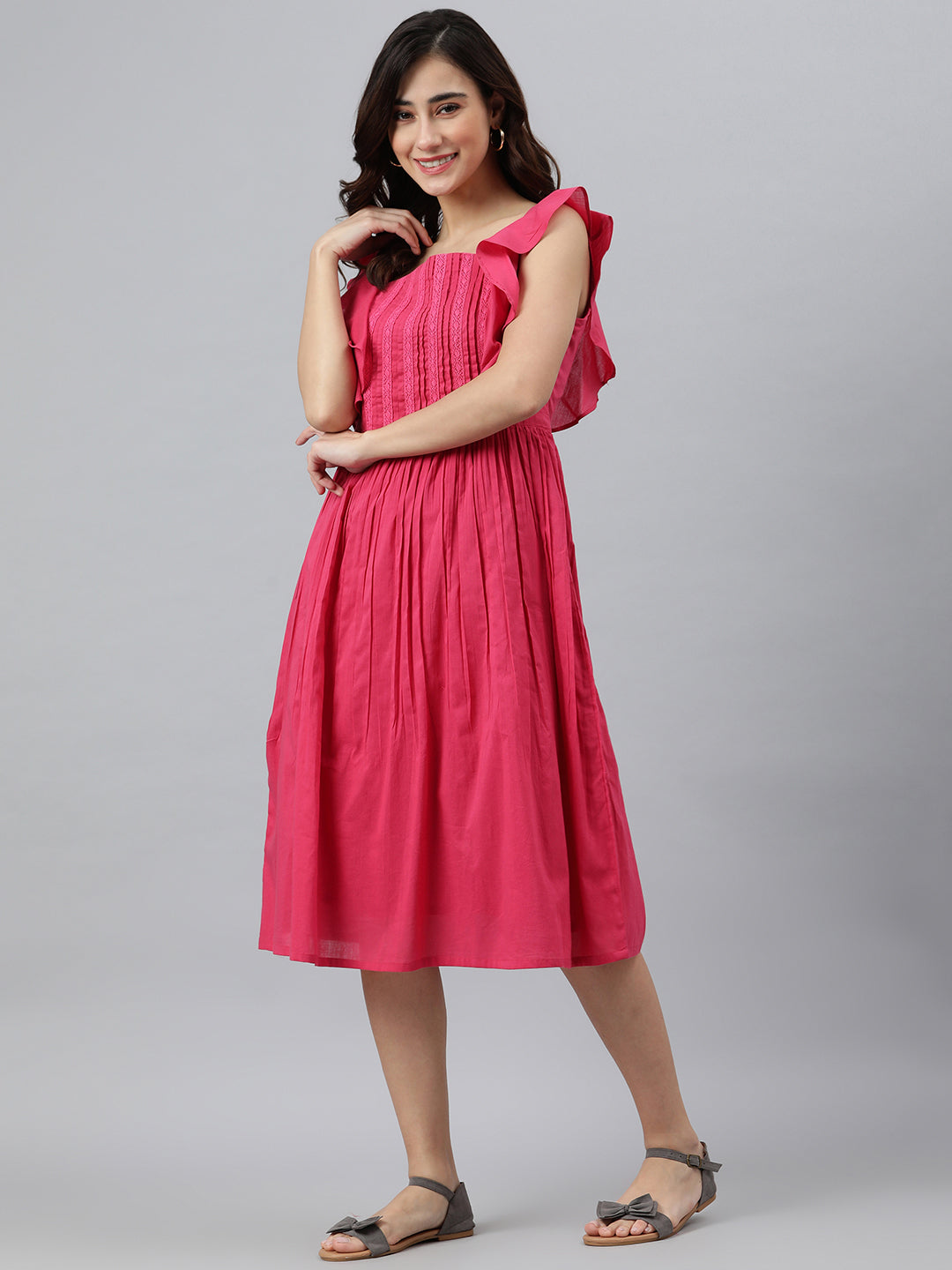 Janasya Women's Pink Cotton Solid Flared Western Dress - Distacart