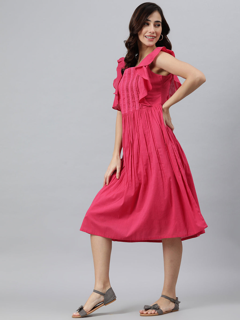 Janasya Women's Pink Cotton Solid Flared Western Dress - Distacart