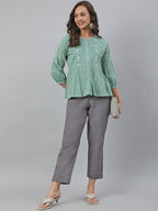 Janasya Women's Sea Green Cotton Embroidered A-Line Top - Distacart