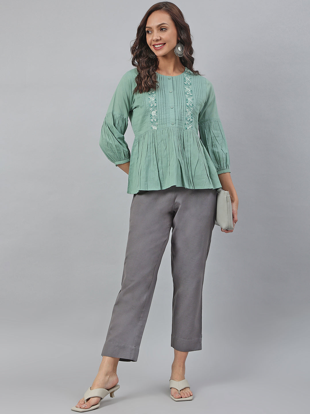 Janasya Women's Sea Green Cotton Embroidered A-Line Top - Distacart