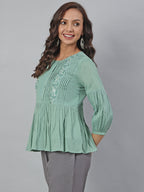 Janasya Women's Sea Green Cotton Embroidered A-Line Top - Distacart