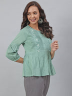 Janasya Women's Sea Green Cotton Embroidered A-Line Top - Distacart