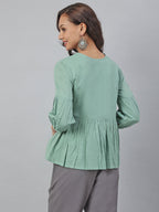 Janasya Women's Sea Green Cotton Embroidered A-Line Top - Distacart