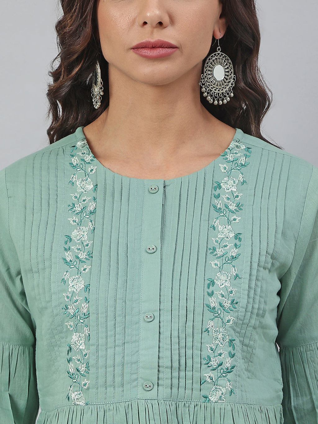 Janasya Women's Sea Green Cotton Embroidered A-Line Top - Distacart