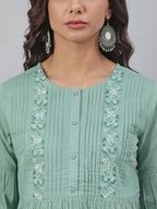 Janasya Women's Sea Green Cotton Embroidered A-Line Top - Distacart