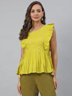 Janasya Women's Yellow Cotton Embroidered Peplum Top - Distacart