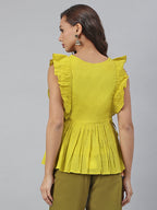 Janasya Women's Yellow Cotton Embroidered Peplum Top - Distacart