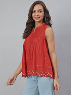 Janasya Women's Maroon Cotton Embroidered A-Line Top - Distacart