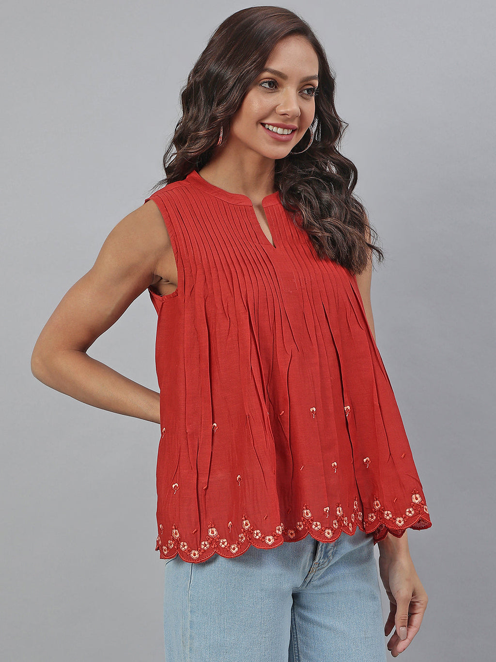 Janasya Women's Maroon Cotton Embroidered A-Line Top - Distacart