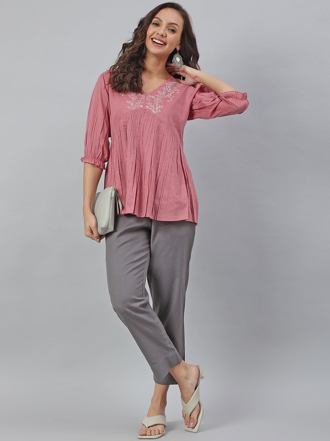 Janasya Women's Pink Cotton Embroidered Fit and Flared Top - Distacart