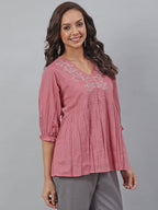 Janasya Women's Pink Cotton Embroidered Fit and Flared Top - Distacart
