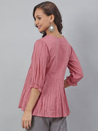 Janasya Women's Pink Cotton Embroidered Fit and Flared Top - Distacart