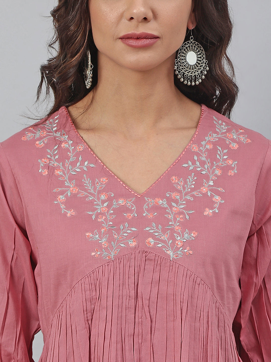 Janasya Women's Pink Cotton Embroidered Fit and Flared Top - Distacart
