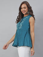 Janasya Women's Teal Cotton Embroidered Flared Top - Distacart