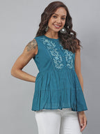 Janasya Women's Teal Cotton Embroidered Flared Top - Distacart