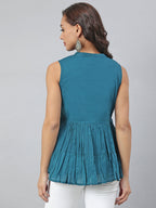 Janasya Women's Teal Cotton Embroidered Flared Top - Distacart