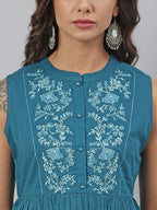 Janasya Women's Teal Cotton Embroidered Flared Top - Distacart