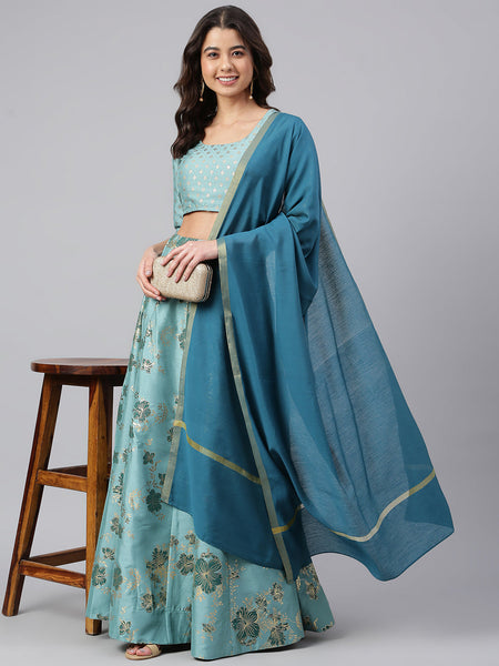Janasya Women's Sea Green Poly Silk Gold Print Lehenga Choli With Dupatta