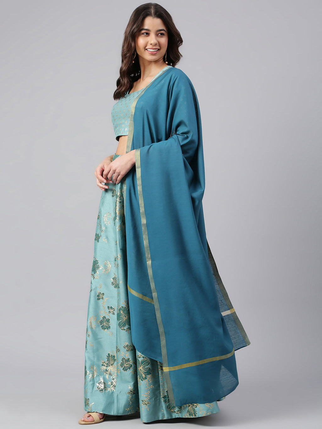 Janasya Women's Sea Green Poly Silk Gold Print Lehenga Choli With Dupatta - Distacart