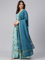 Janasya Women's Sea Green Poly Silk Gold Print Lehenga Choli With Dupatta - Distacart