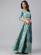 Janasya Women's Sea Green Poly Silk Gold Print Lehenga Choli With Dupatta - Distacart