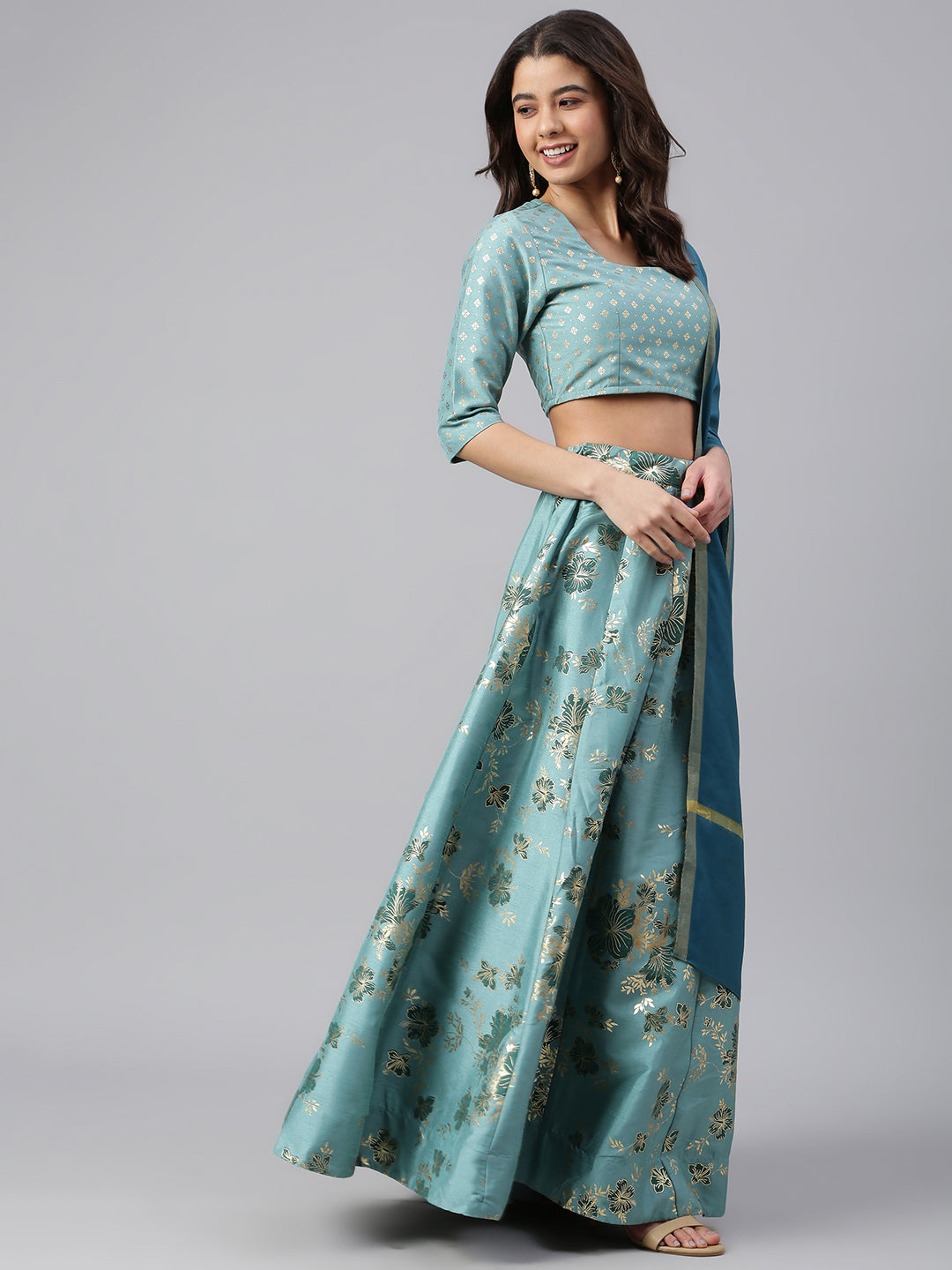 Janasya Women's Sea Green Poly Silk Gold Print Lehenga Choli With Dupatta - Distacart