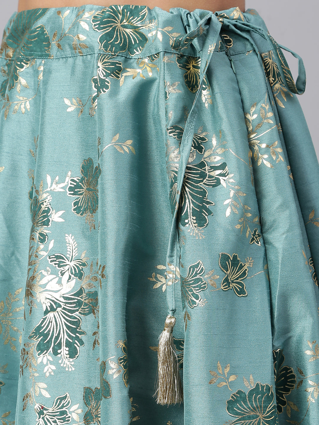 Janasya Women's Sea Green Poly Silk Gold Print Lehenga Choli With Dupatta - Distacart
