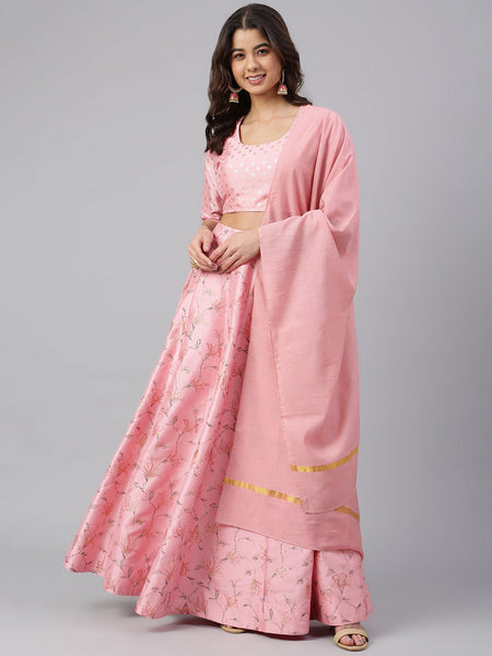 Janasya Women's Pink Poly Silk Gold Print Lehenga Choli With Dupatta