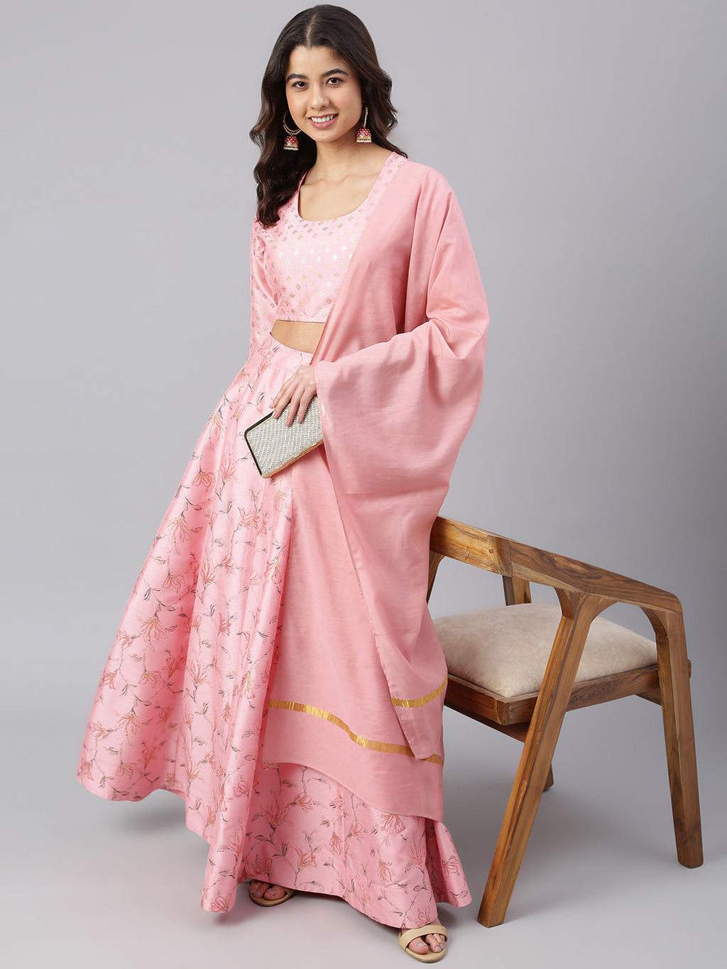 Janasya Women's Pink Poly Silk Gold Print Lehenga Choli With Dupatta - Distacart