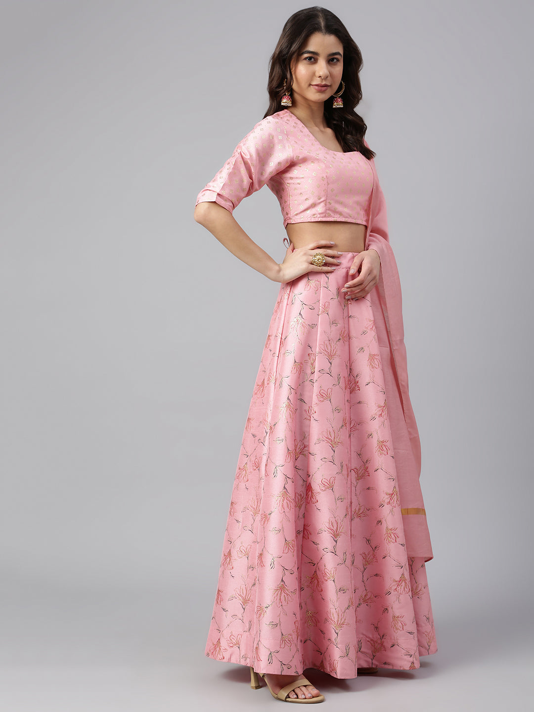 Janasya Women's Pink Poly Silk Gold Print Lehenga Choli With Dupatta - Distacart