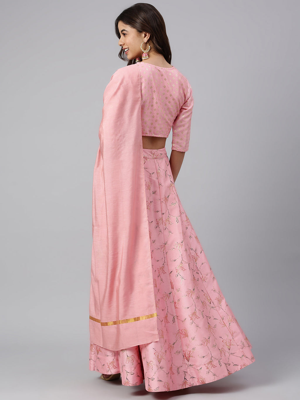 Janasya Women's Pink Poly Silk Gold Print Lehenga Choli With Dupatta - Distacart