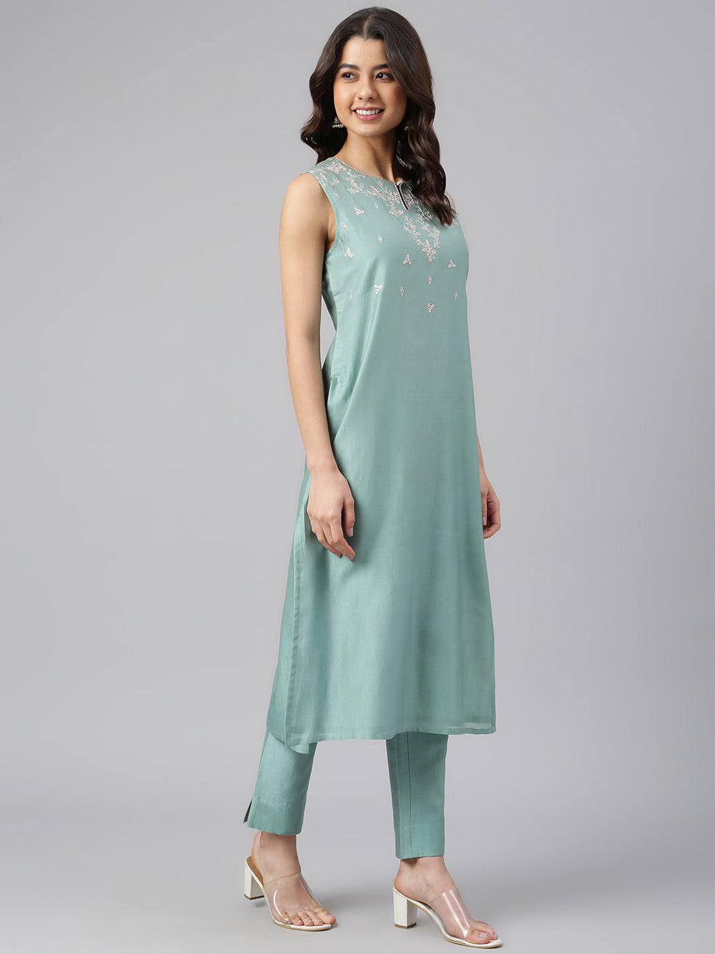 Janasya Women's Sea Green Chanderi Silk Solid Kurta With Pant - Distacart
