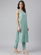 Janasya Women's Sea Green Chanderi Silk Solid Kurta With Pant - Distacart