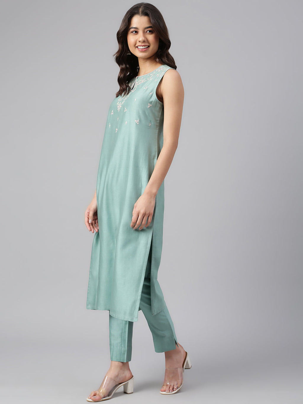 Janasya Women's Sea Green Chanderi Silk Solid Kurta With Pant - Distacart
