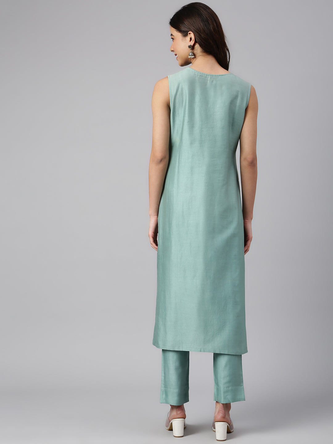Janasya Women's Sea Green Chanderi Silk Solid Kurta With Pant - Distacart