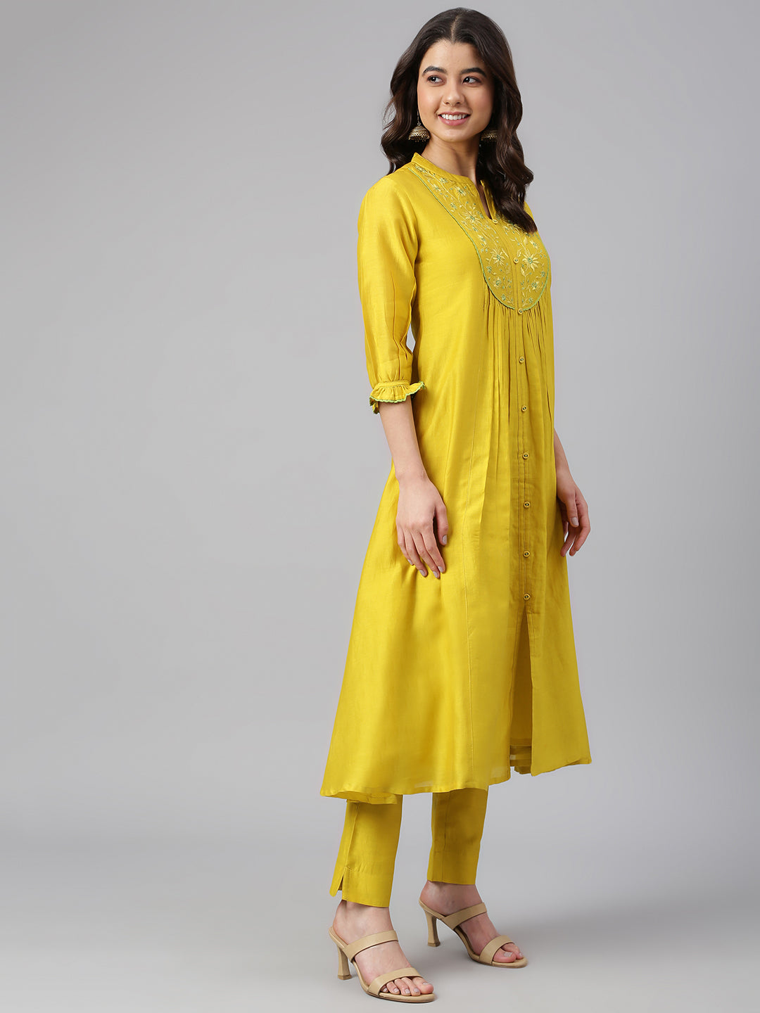 Janasya Women's Yellow Crepe Silk Solid Kurta With Pant - Distacart
