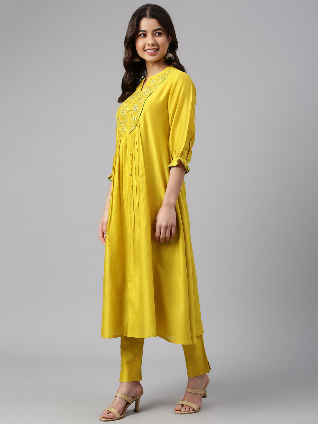 Janasya Women's Yellow Crepe Silk Solid Kurta With Pant - Distacart
