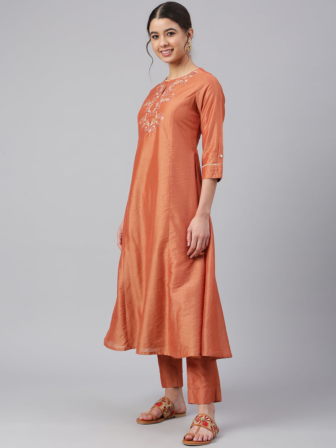Janasya Women's Rust Orange Poly Silk Embroidered Kurta With Pant - Distacart