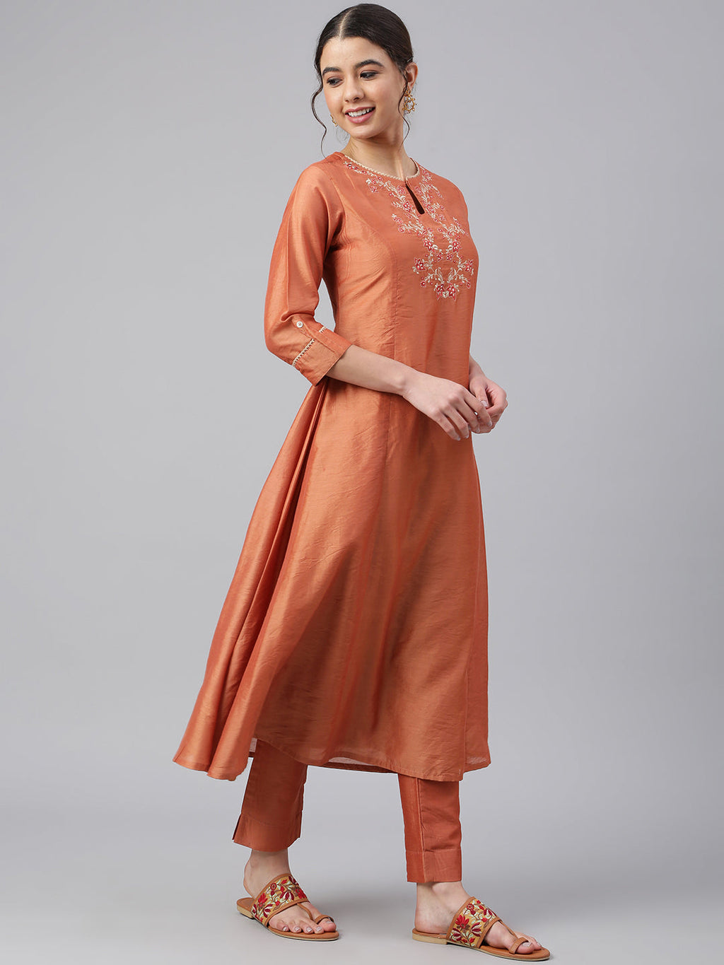 Janasya Women's Rust Orange Poly Silk Embroidered Kurta With Pant - Distacart