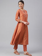 Janasya Women's Rust Orange Poly Silk Embroidered Kurta With Pant - Distacart