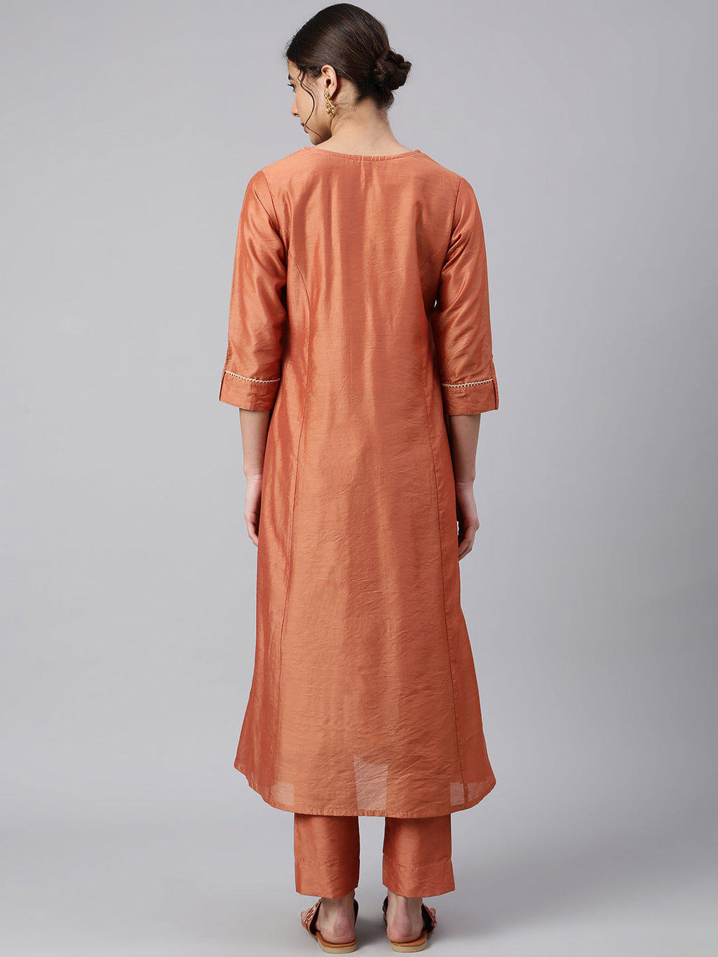 Janasya Women's Rust Orange Poly Silk Embroidered Kurta With Pant - Distacart