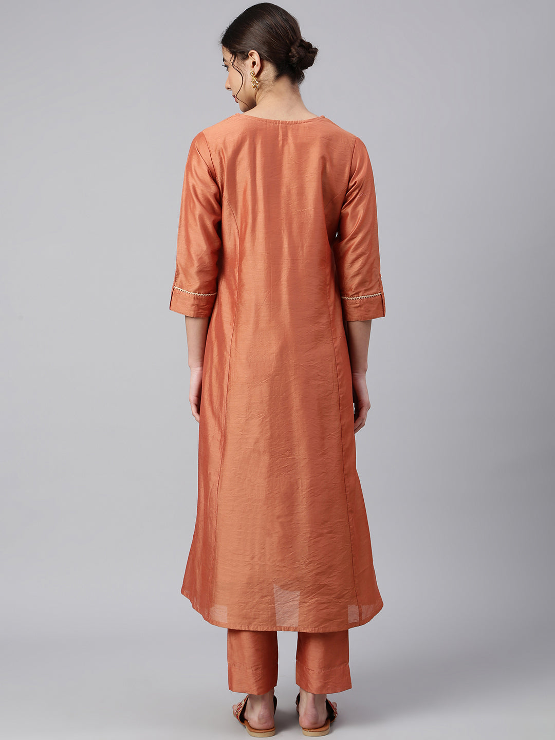 Janasya Women's Rust Orange Poly Silk Embroidered Kurta With Pant - Distacart